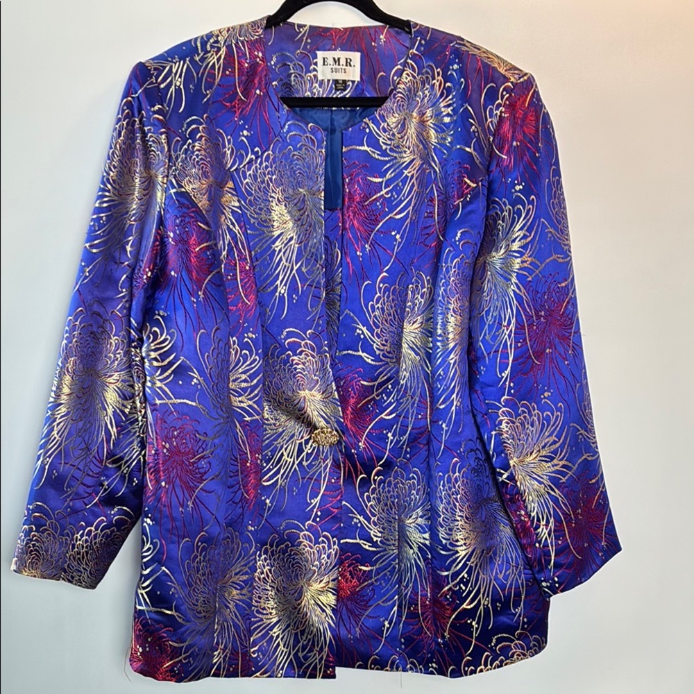Vintage E.M.R. 2pc Blue and Gold Floral Blazer & Skirt Set